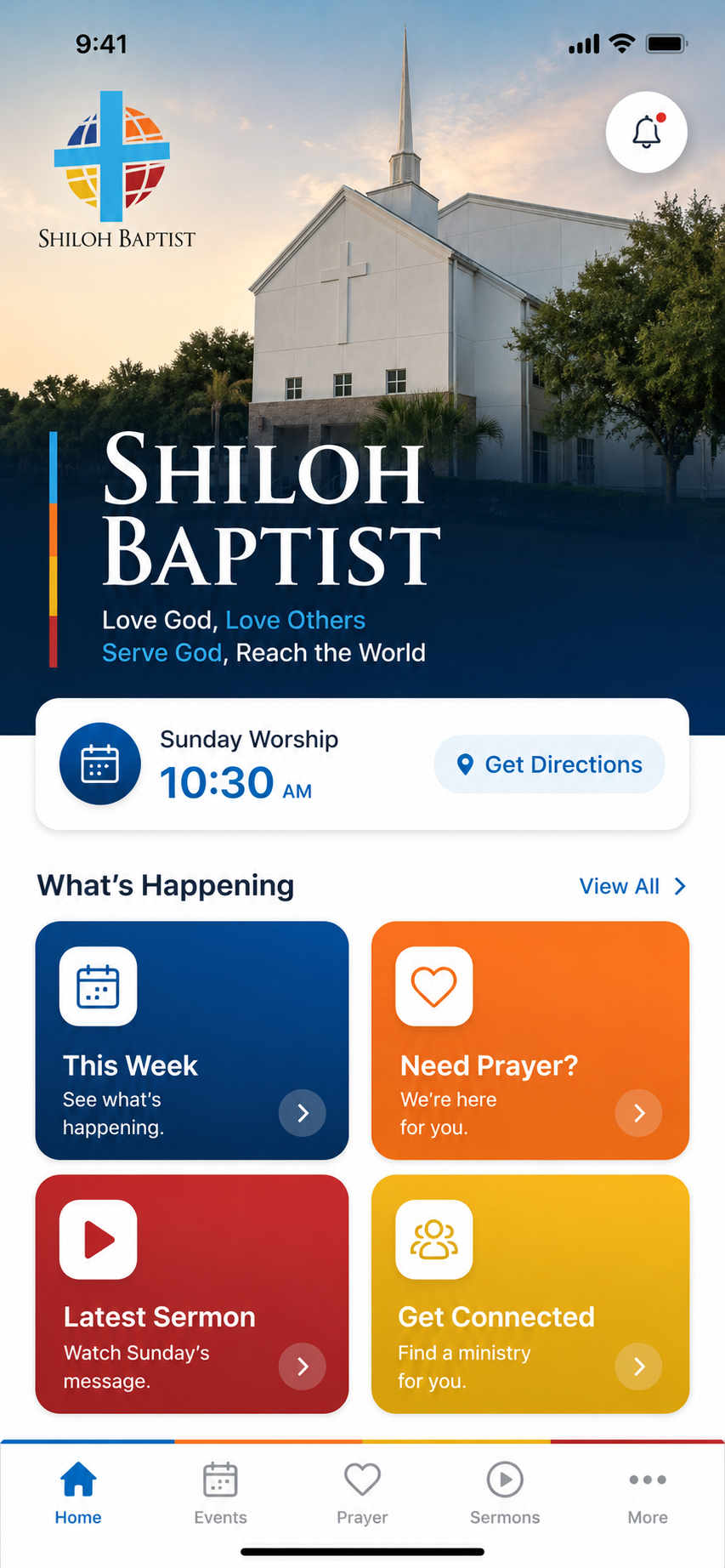 Pantalla inicial de la aplicación Shiloh Baptist Church